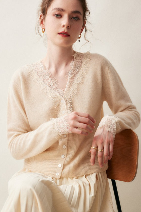 Cashmere Lace-Edge V-Neck Knit Cardigan