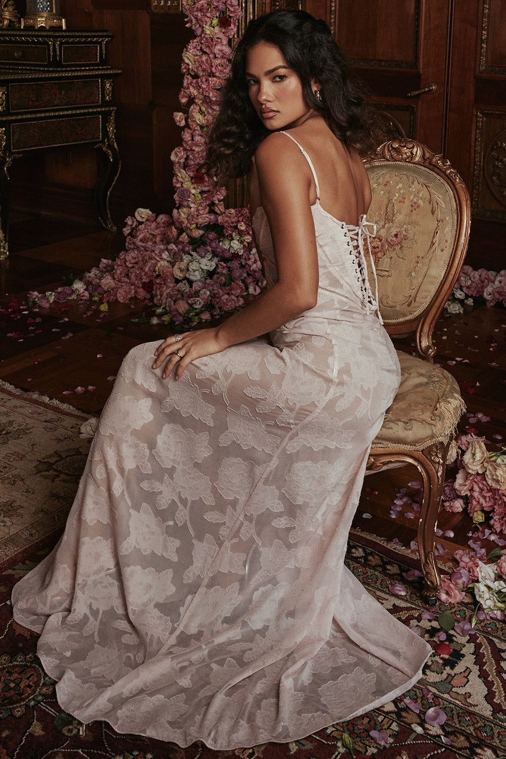 Lace Ribbon Romantic Style Maxi Dress