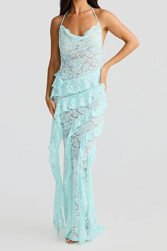 Lace Halter Open Back Maxi Dress