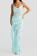 Lace Halter Open Back Maxi Dress
