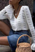 Cutout V-Neck Plain Short Knit Cardigan