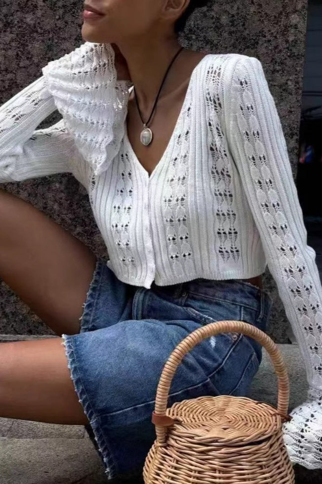 Cutout V-Neck Plain Short Knit Cardigan