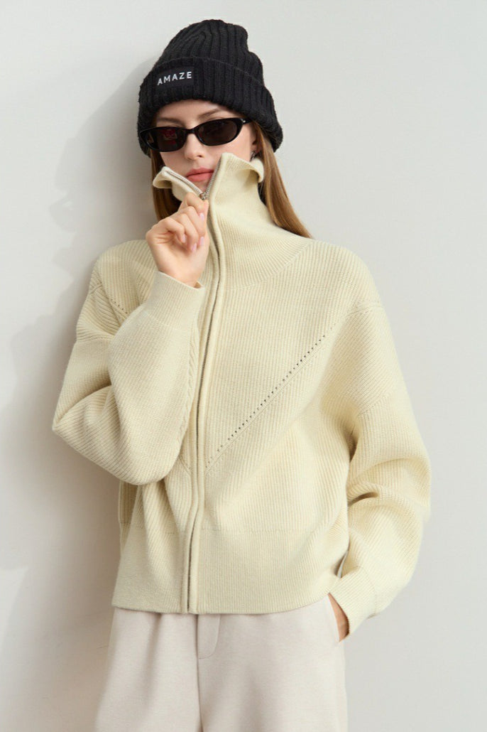 Sailor-Collar Zip Cozy Knit Cardigan