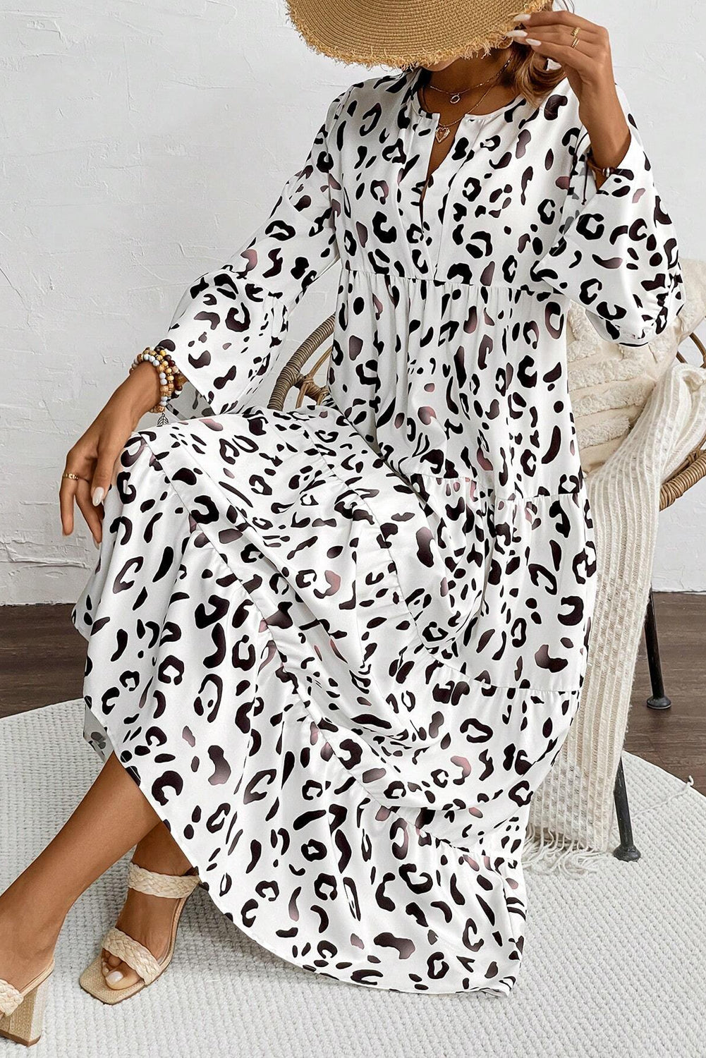 White Leopard Notch V Neck Loose Maxi Dress
