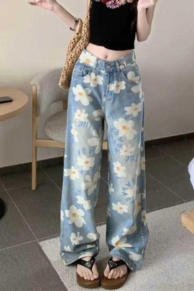 Washed Floral Print Baggy Jean