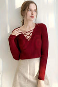Slim Lace Up V Neck Sweater