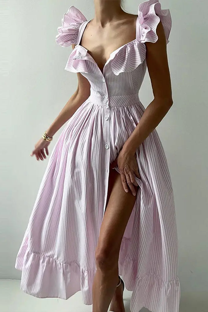 Ruffle Stripe Square Neck Floral Dress