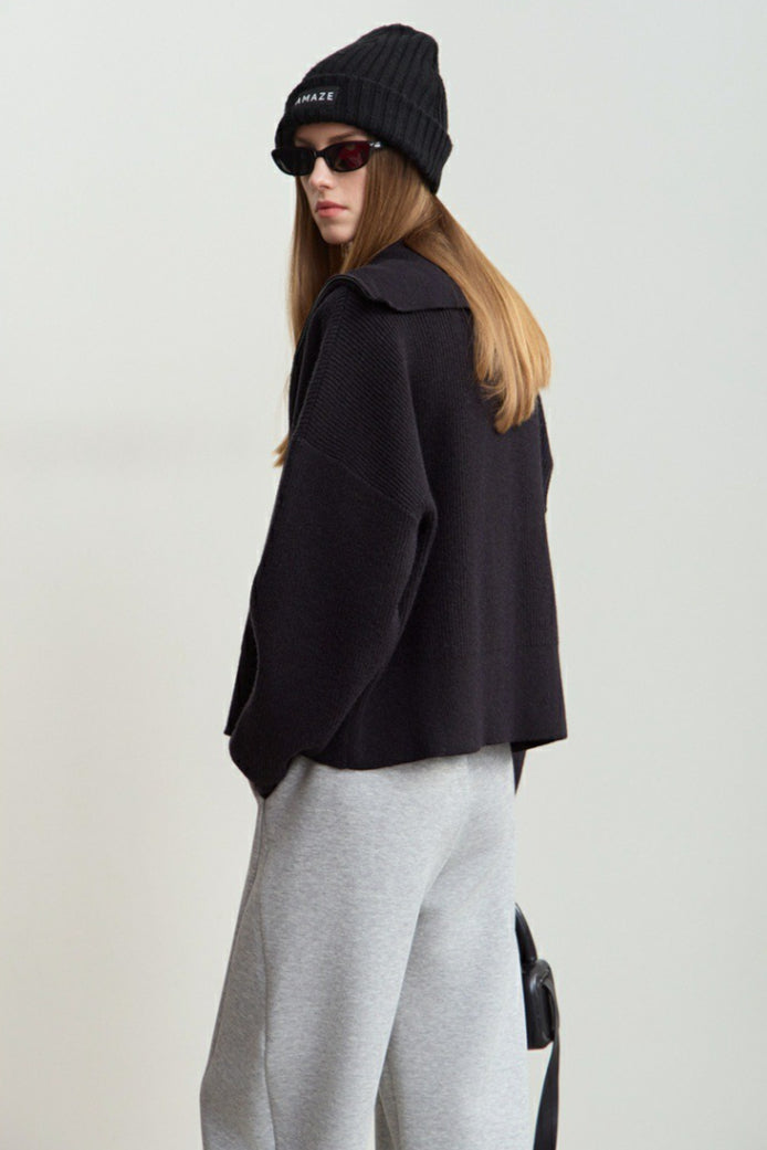Sailor-Collar Zip Cozy Knit Cardigan