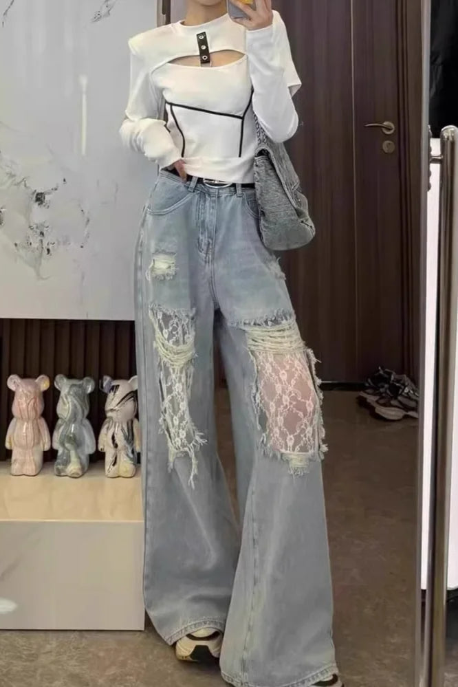 Lace Panel High Waist Wide Leg Jean