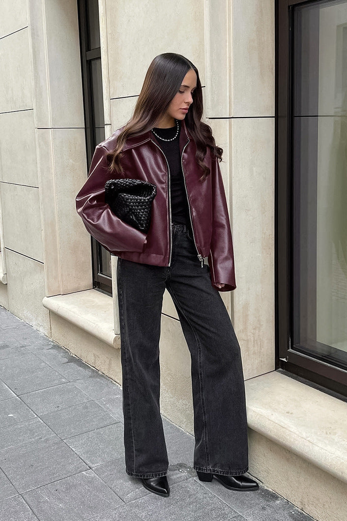 Burgundy Retro Biker Coat