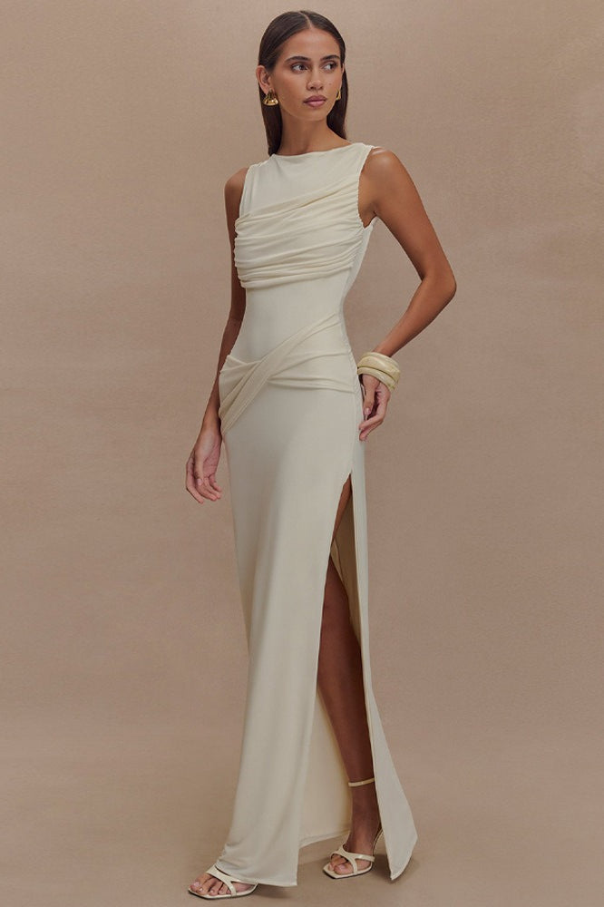 Ruched Split Open Back Maxi Dress
