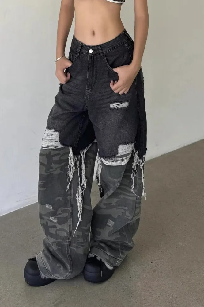 Camouflage Patchwork Baggy Wide Leg Jean