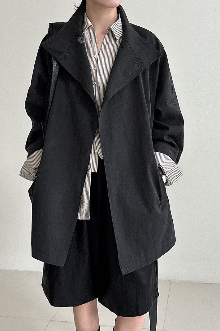 British Style Stand Collar Belted Mid Trench Coat
