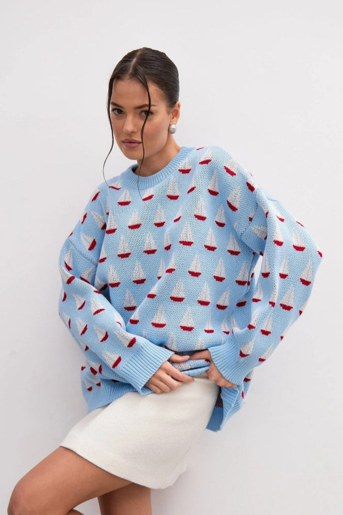 Relaxed Sailboat Pattern Pullover Sweater