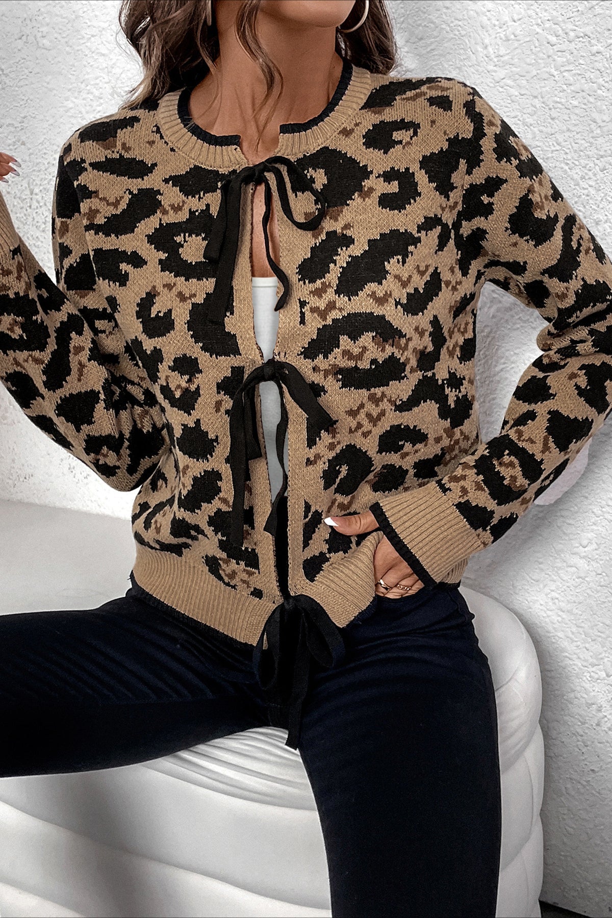 Knitted Leopard Ribbon Cardigan