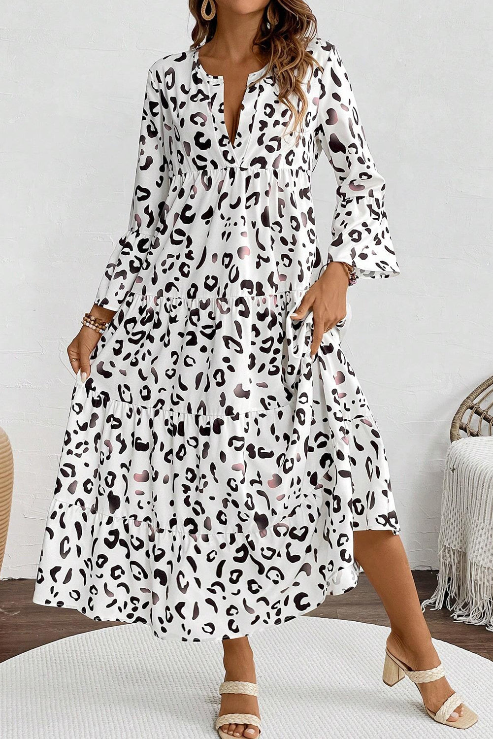 White Leopard Notch V Neck Loose Maxi Dress