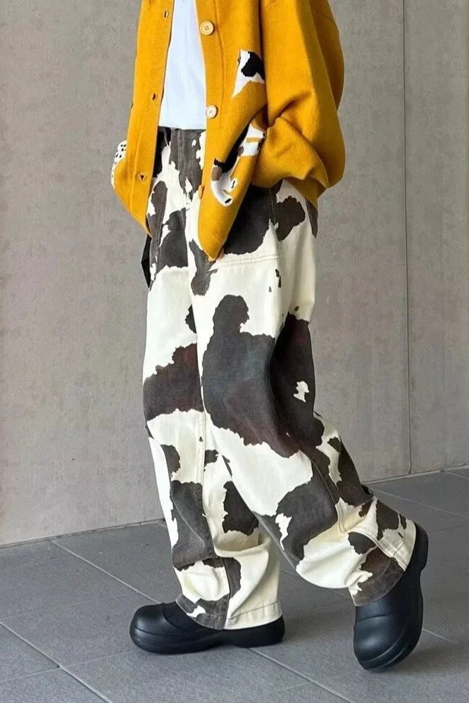 Baggy Cow Pattern Wide Leg Jean