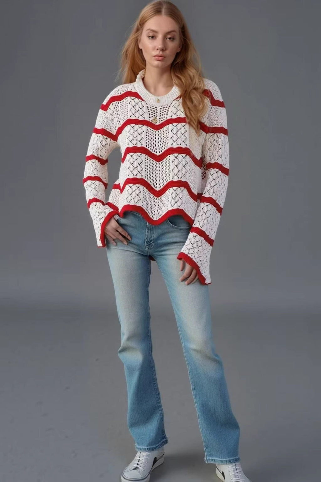 Simple Wave Knit Bell Sleeve Sweater