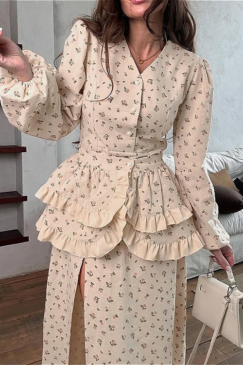 Puff Sleeve V Neck Ruffled Belted Split Floral Dress