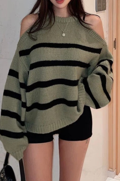 Striped Cutout Shoulder Sweater
