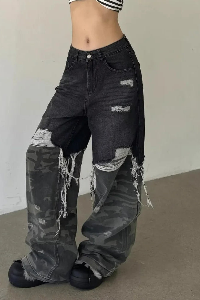 Camouflage Patchwork Baggy Wide Leg Jean