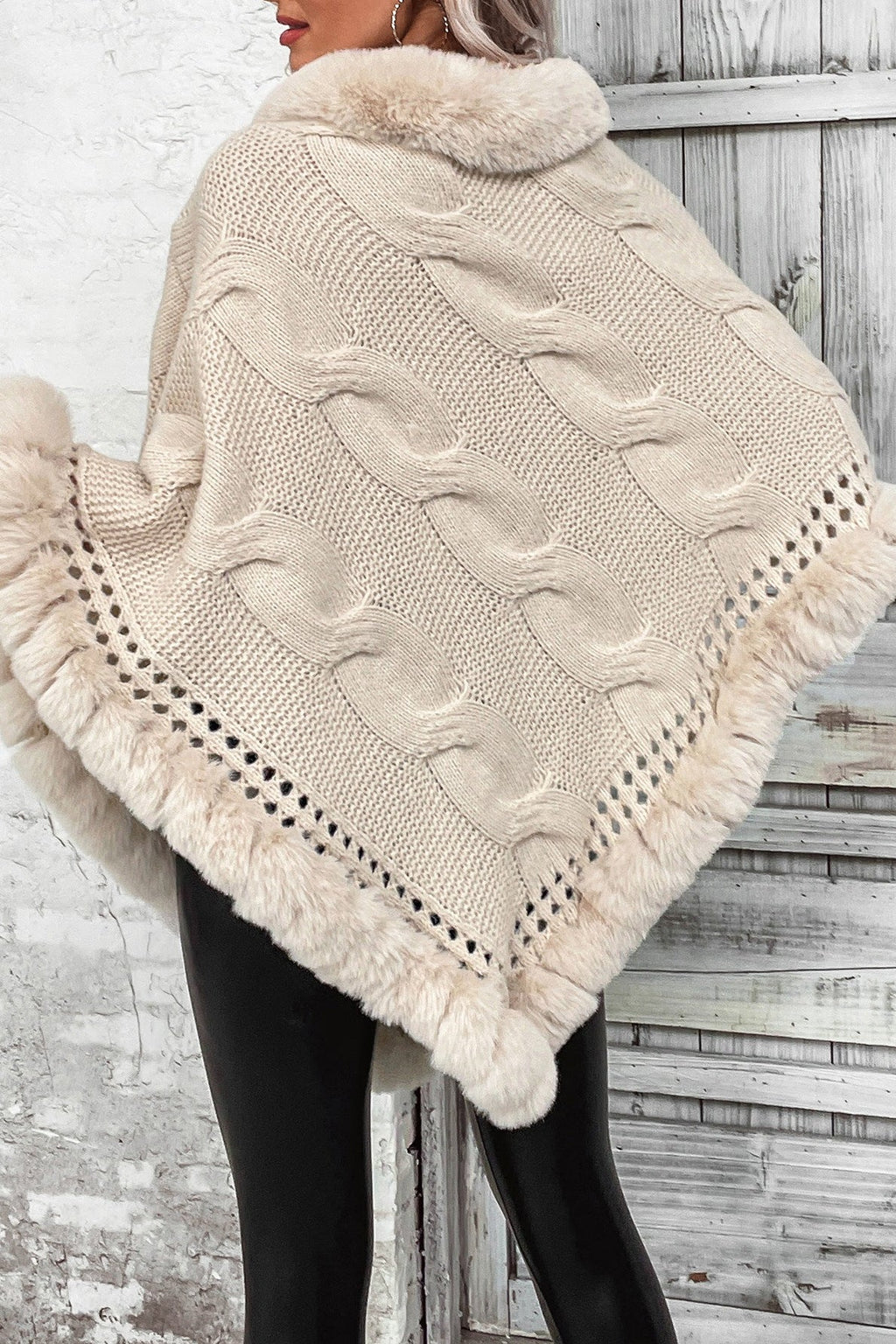 Retro Cable Knit Fleece Collar Poncho Coat