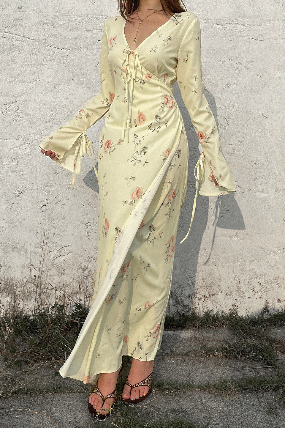 Sweet V Neck Flare Sleeve Wrap Maxi Floral Dress