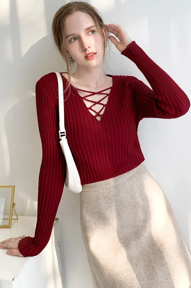 Slim Lace Up V Neck Sweater