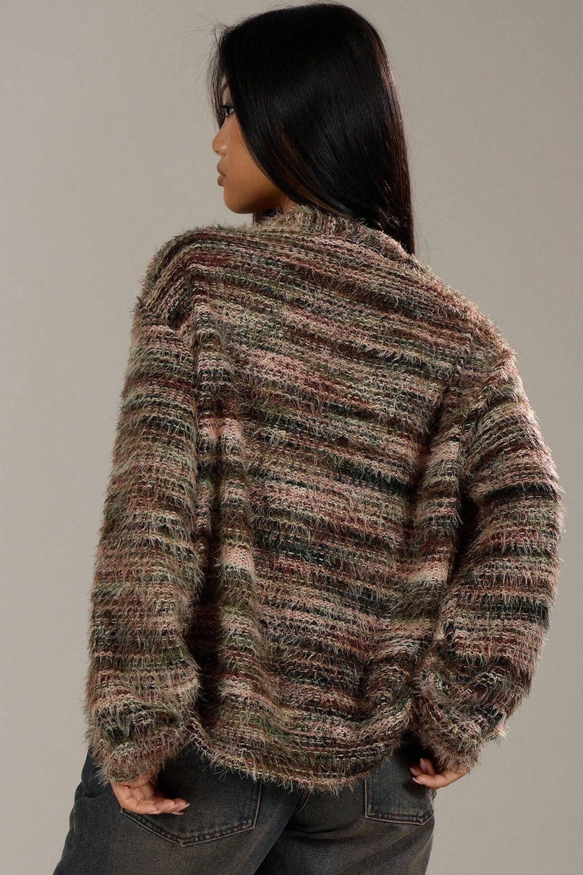Retro Deep V-Neck Plush Long Knit Cardigan
