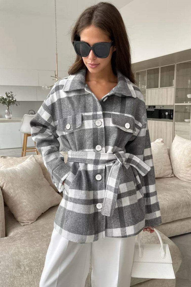 Woolen Checked Belted Chic Thick Coat