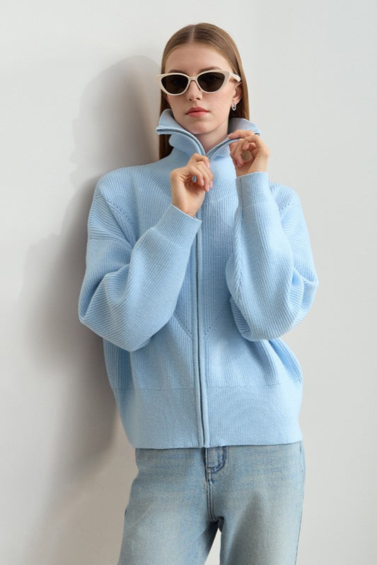 Sailor-Collar Zip Cozy Knit Cardigan
