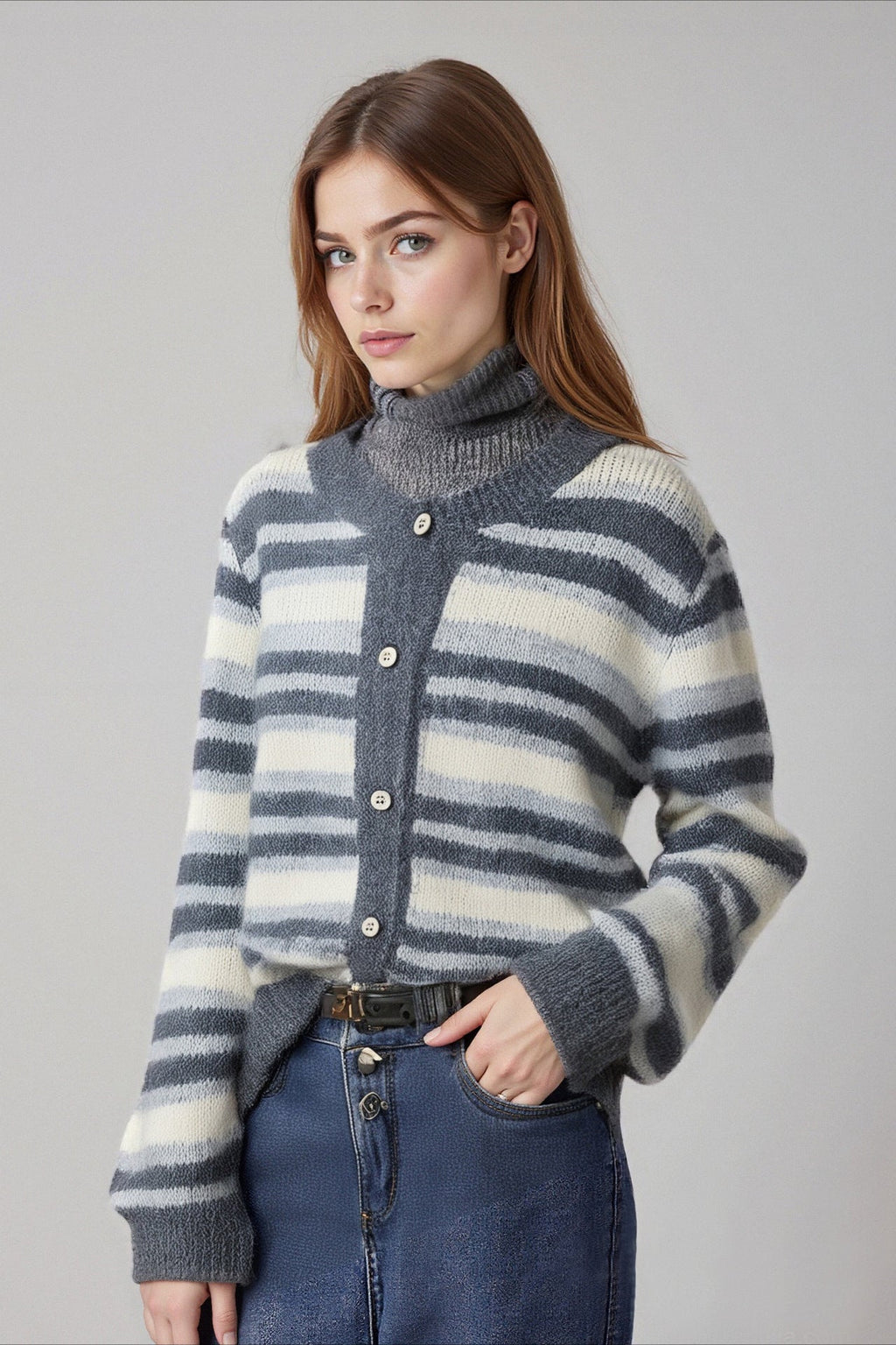 Retro Stripe Colorblock Slim Crew-Neck Cardigan