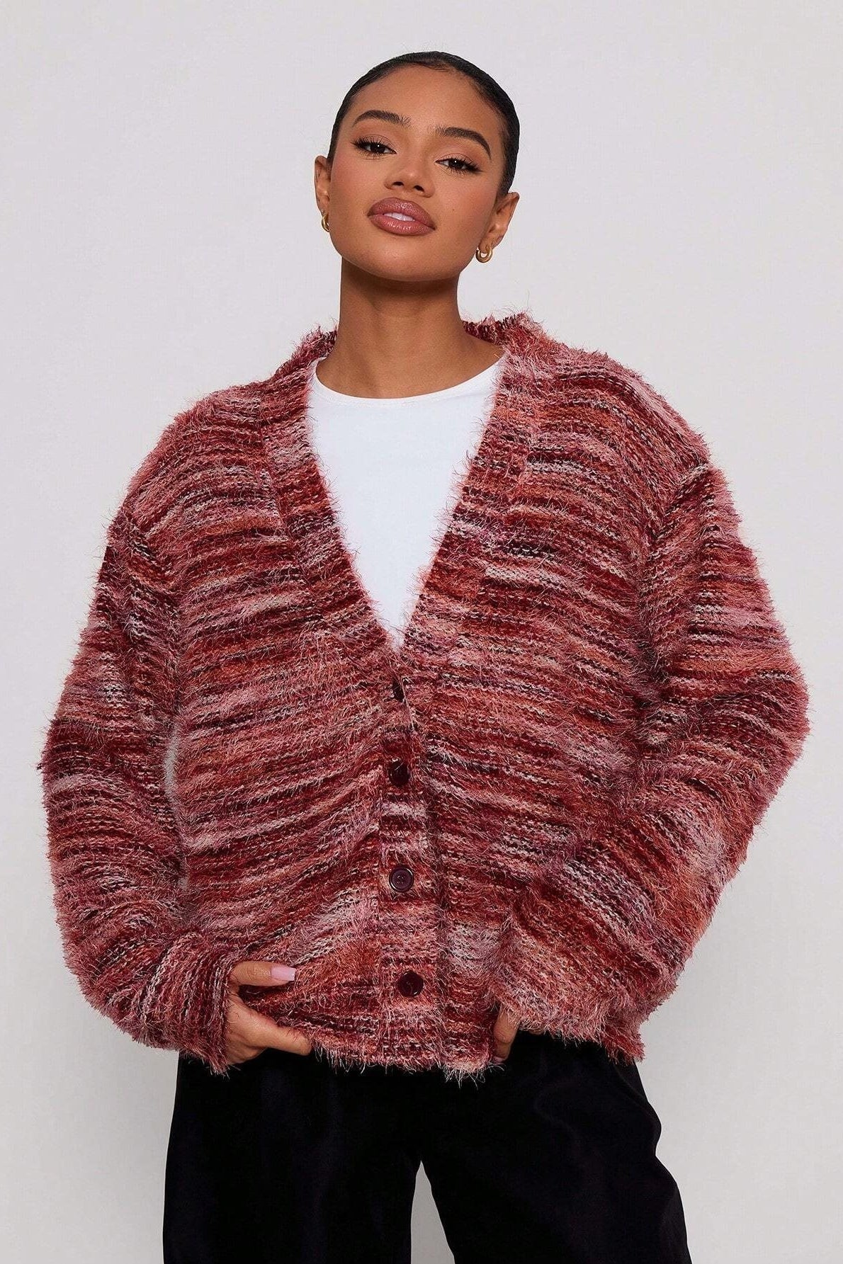 Retro Deep V-Neck Plush Long Knit Cardigan
