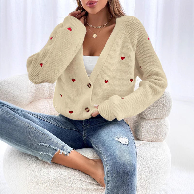 Heart Stitch V-Neck Knit Cardigan