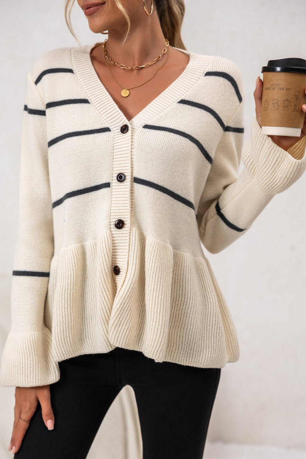 V-Neck Striped Relaxed Knit Cardigan