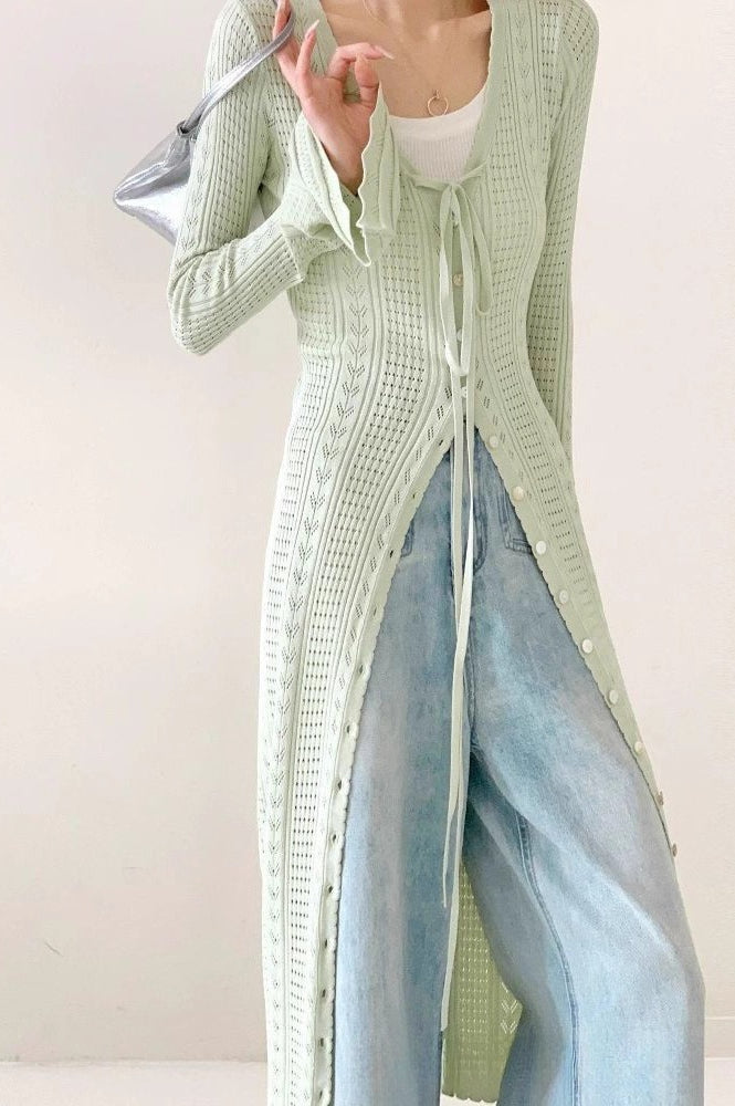 Light Green V-Neck Lace-Up Midi Cardigan