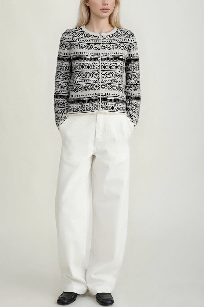 Retro Jacquard Crew-Neck Knit Cardigan