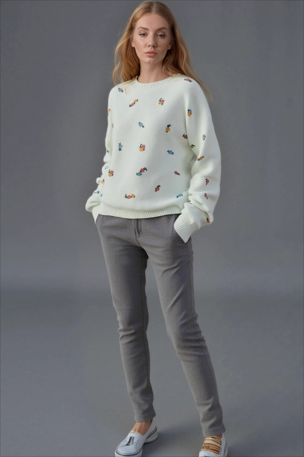 Embroidered Floral Crew Neck Sweater
