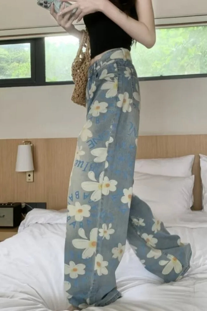 Washed Floral Print Baggy Jean
