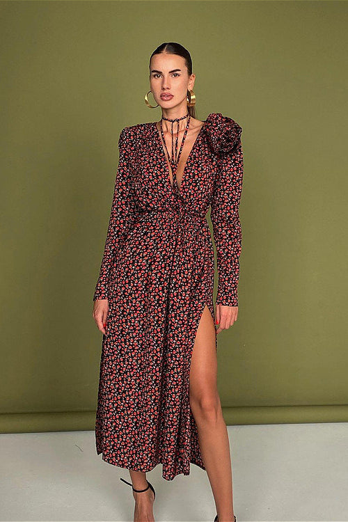 Lace Waist Deep V Side Slit Floral Dress