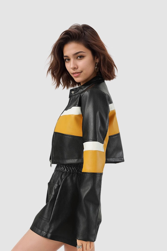 Color-Block PU Leather Biker Coat
