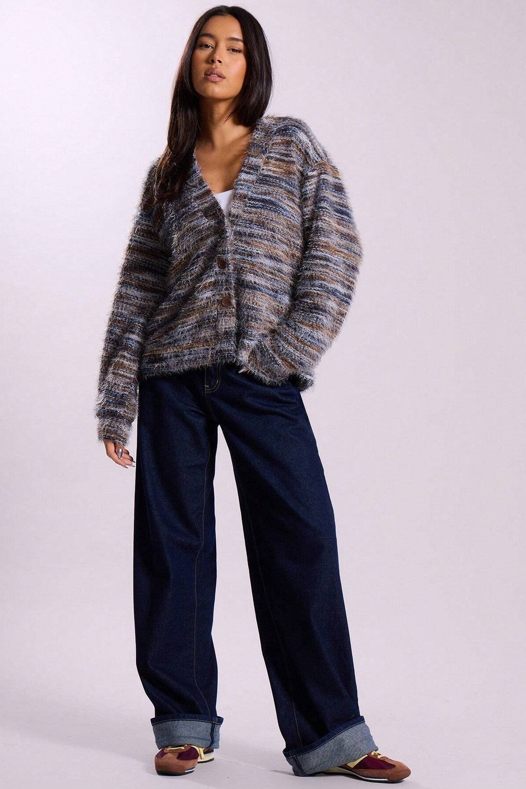 Retro Deep V-Neck Plush Long Knit Cardigan