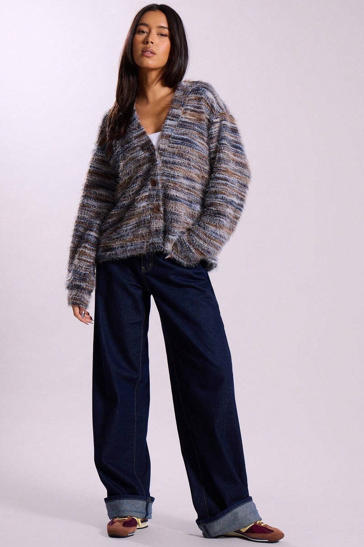 Retro Deep V-Neck Plush Long Knit Cardigan