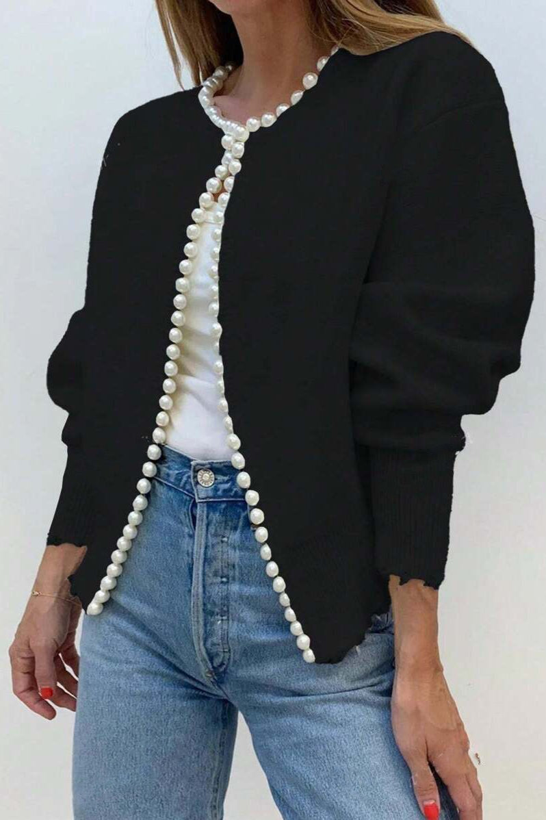 Pearl Crew-Neck Detailed Knit Cardigan