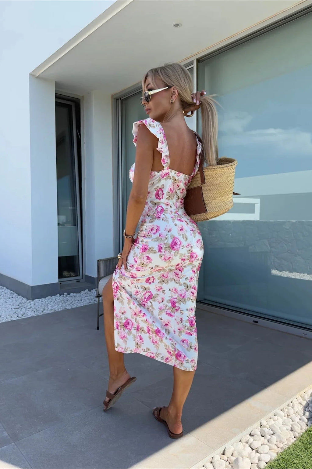 Strap Slit Midi Floral Dress