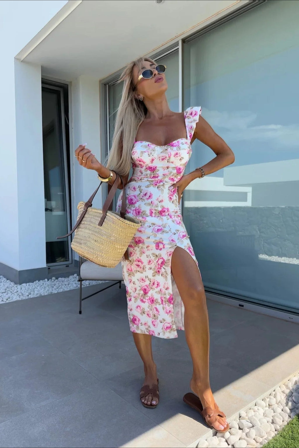 Strap Slit Midi Floral Dress