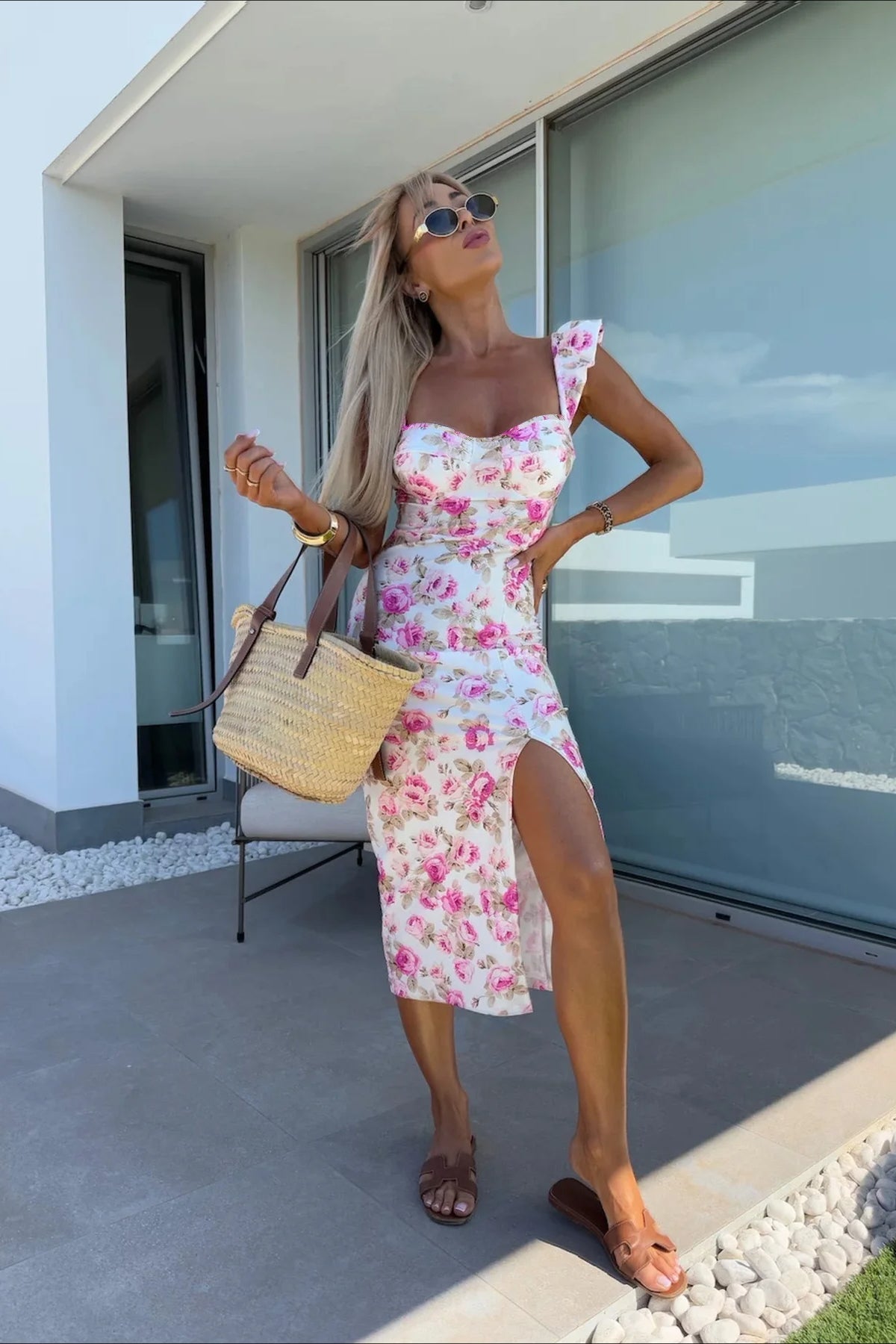 Strap Slit Midi Floral Dress