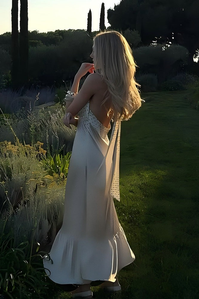 Polka Dot Satin Open Back Maxi Dress