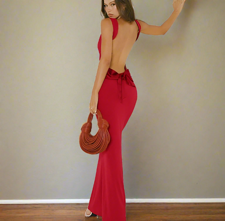 Bow Open Back Cowl Neck Long Party Dress