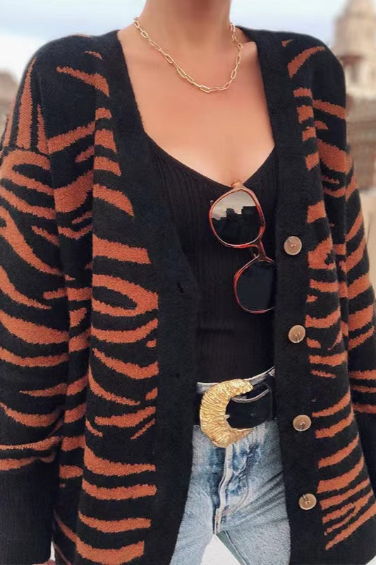 Casual Button Zebra Knit Cardigan